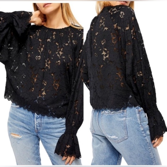 Free People | Olivia black lace oversized blouse top Women’s size XS/S boho rock - Picture 10 of 10